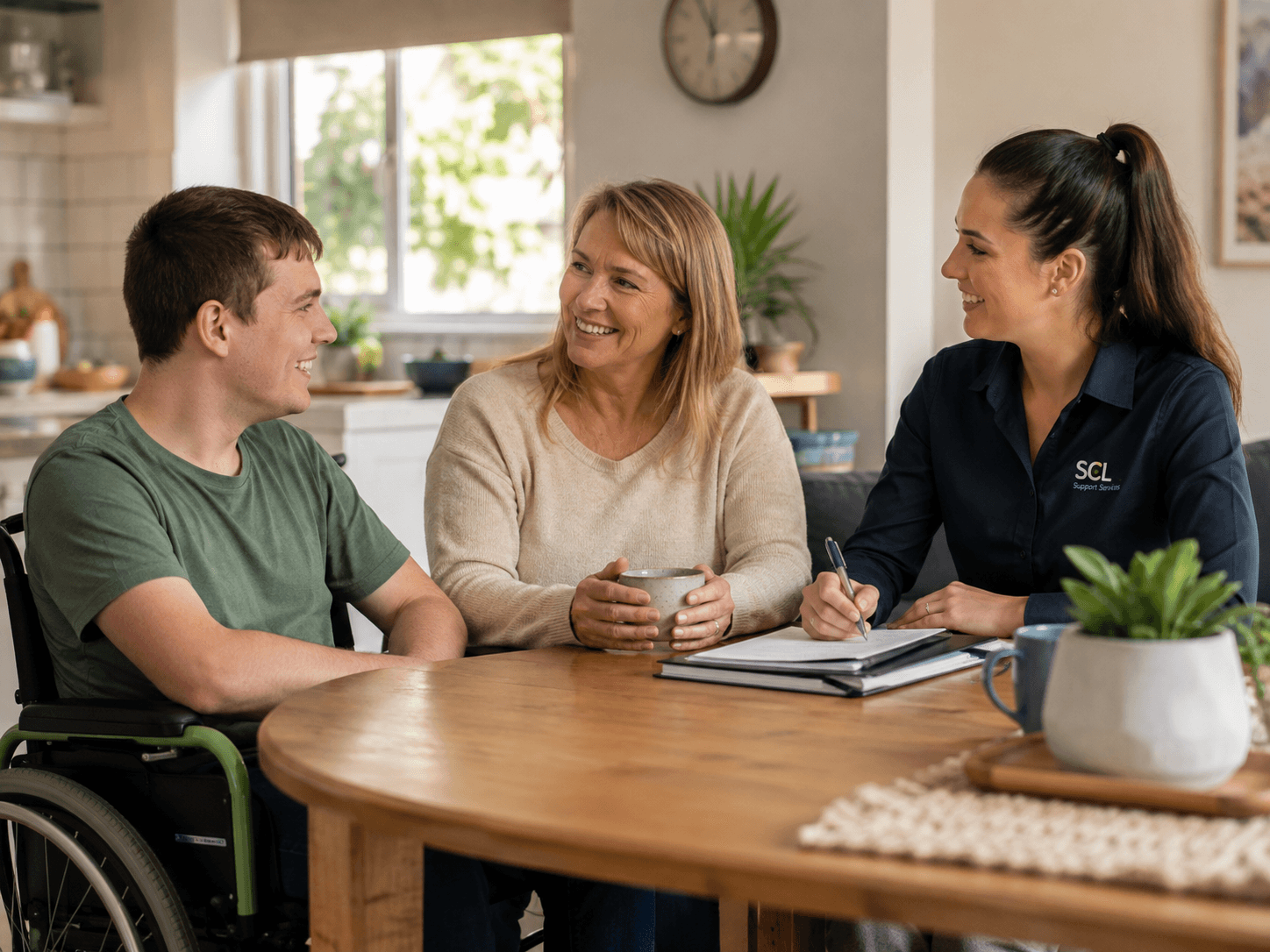 Participant, family member and SCL support coordinator talking together at home.