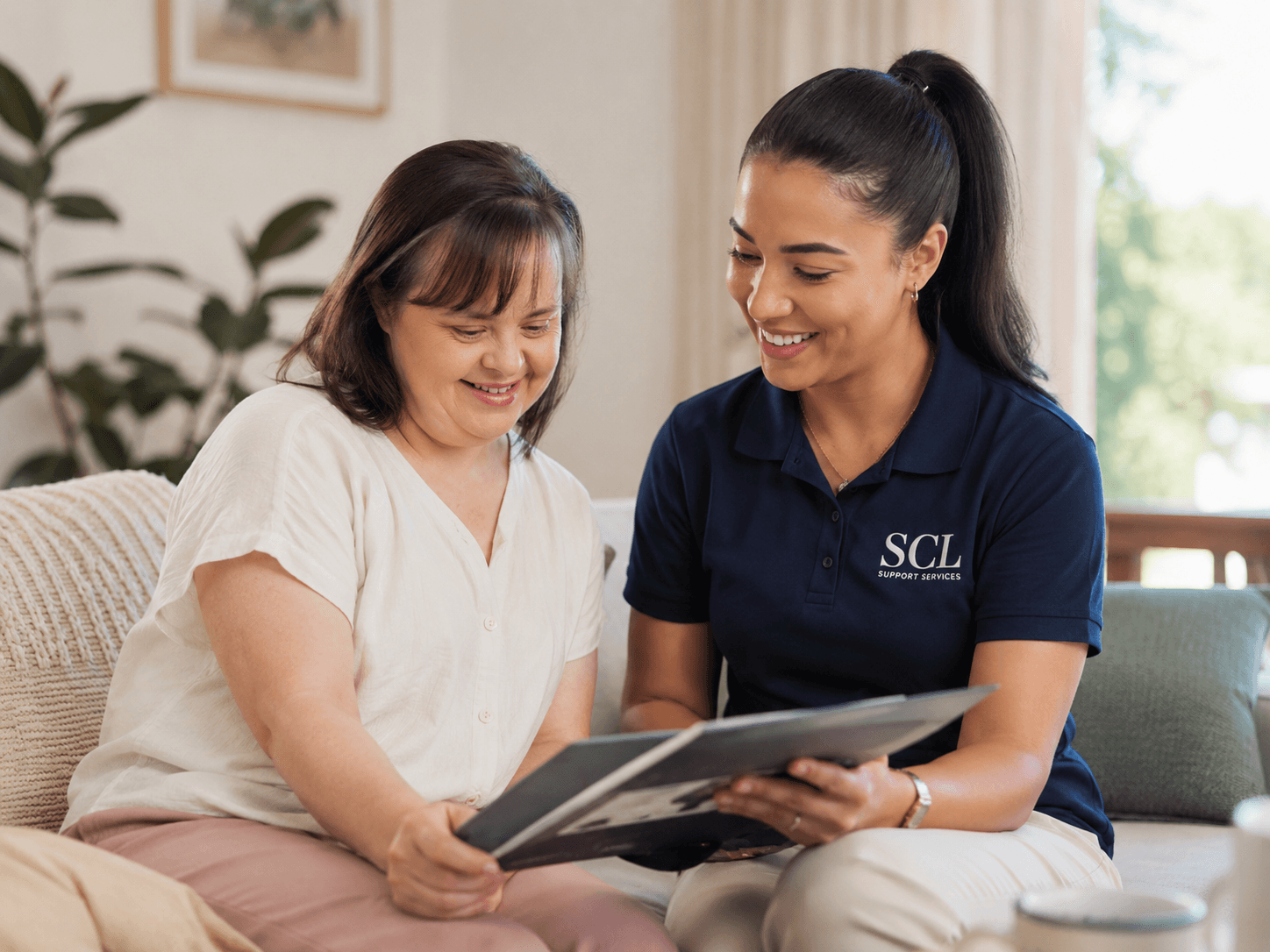 Participant and SCL Support Services worker looking through information together.