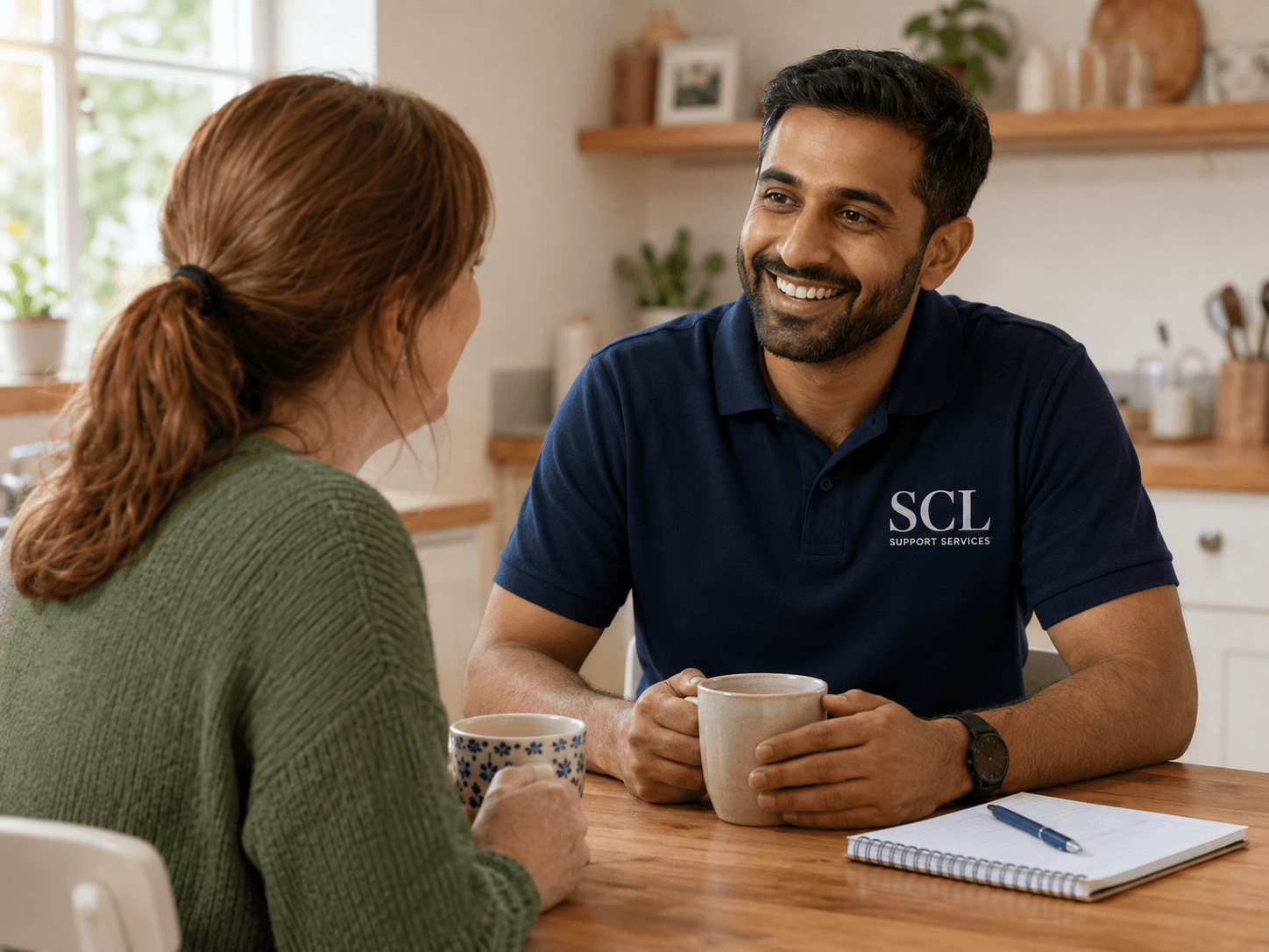 Participant and SCL Support Services worker talking together at the beginning of a support shift.