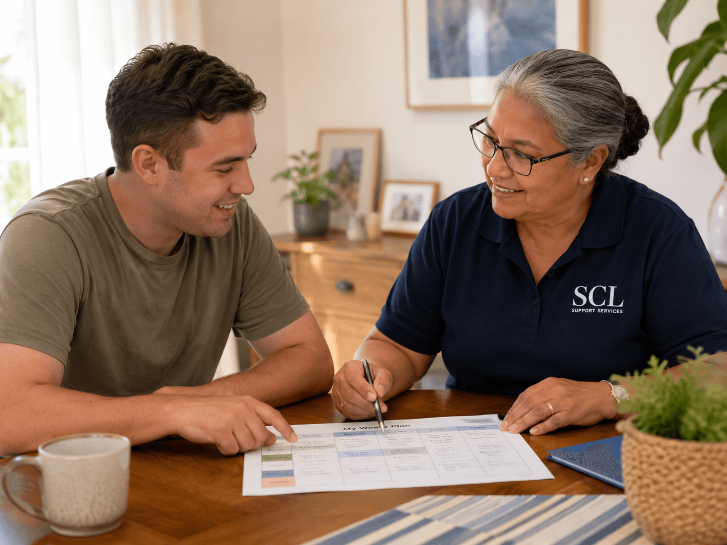 Participant talking with members of their SCL Support Services team in a relaxed home setting.