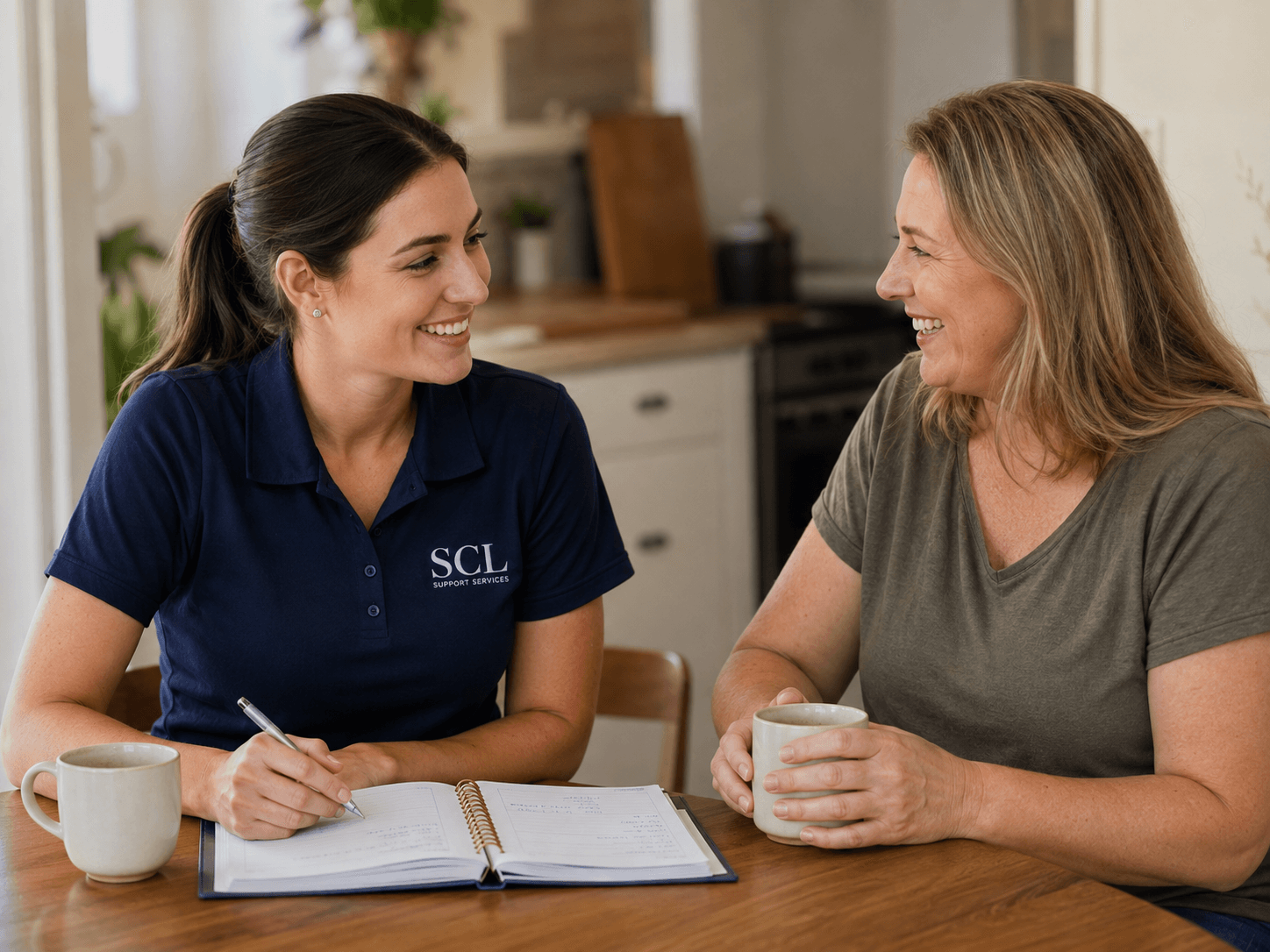 A support worker and participant who clearly get along, mid conversation or doing an ordinary activity together.