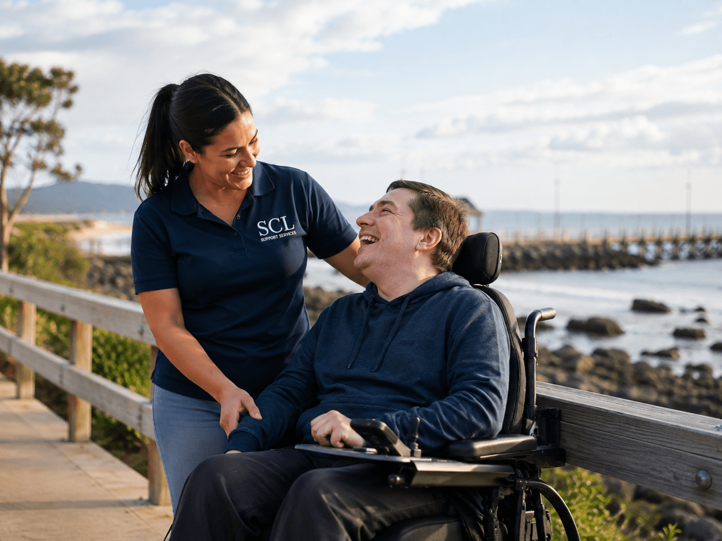 Support worker and participant out in the community on the Coffs Coast.