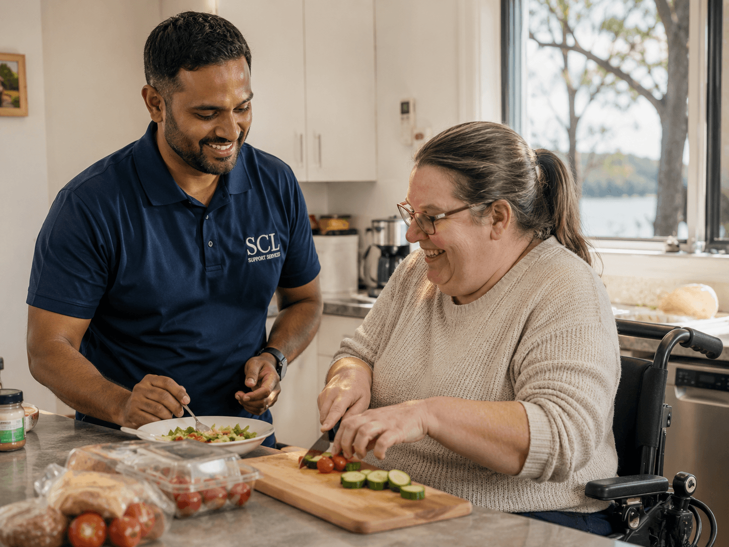 Support worker with a participant at home, sharing an everyday activity together.