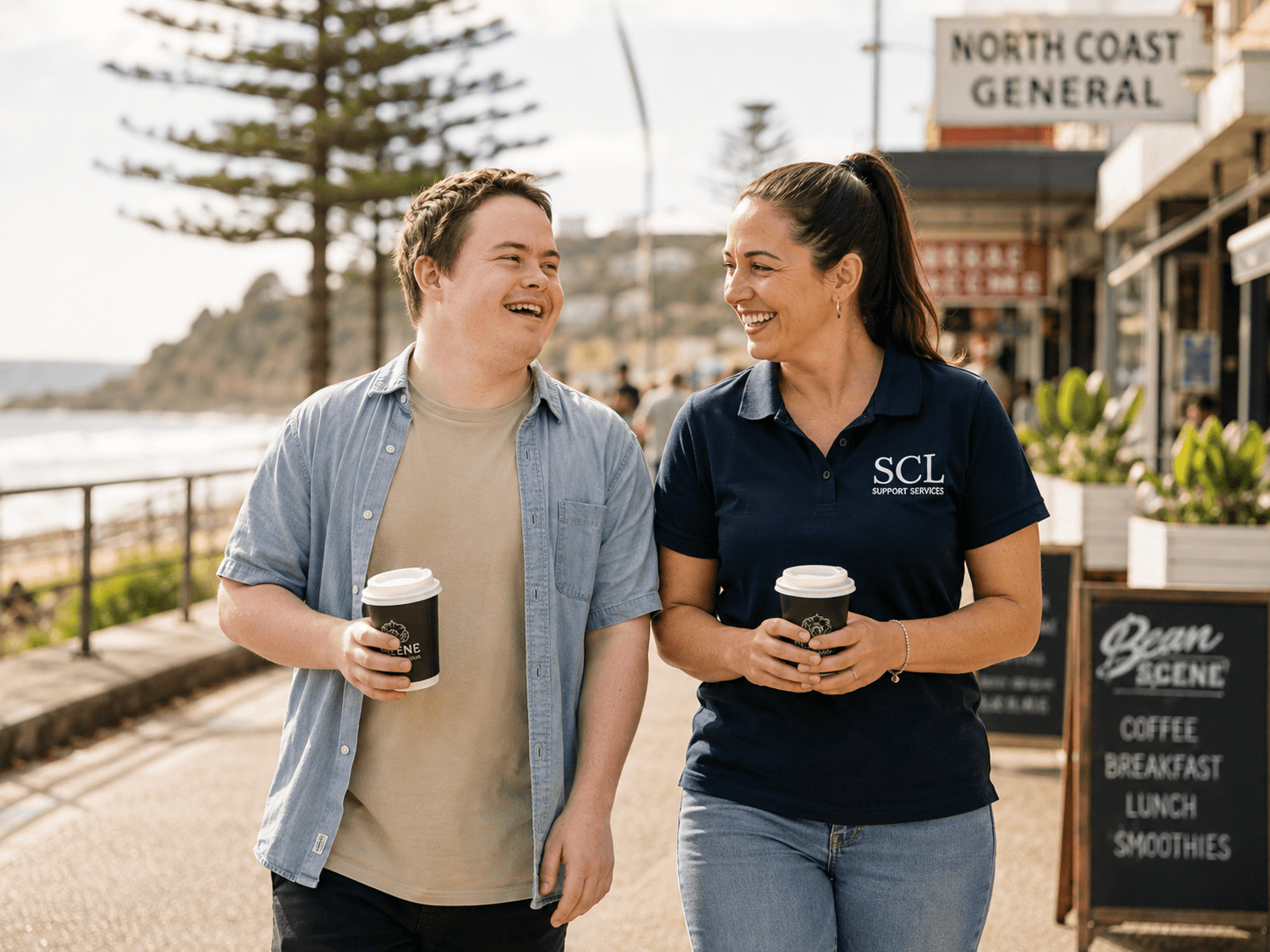 Participant and SCL support worker enjoying time out in the community.