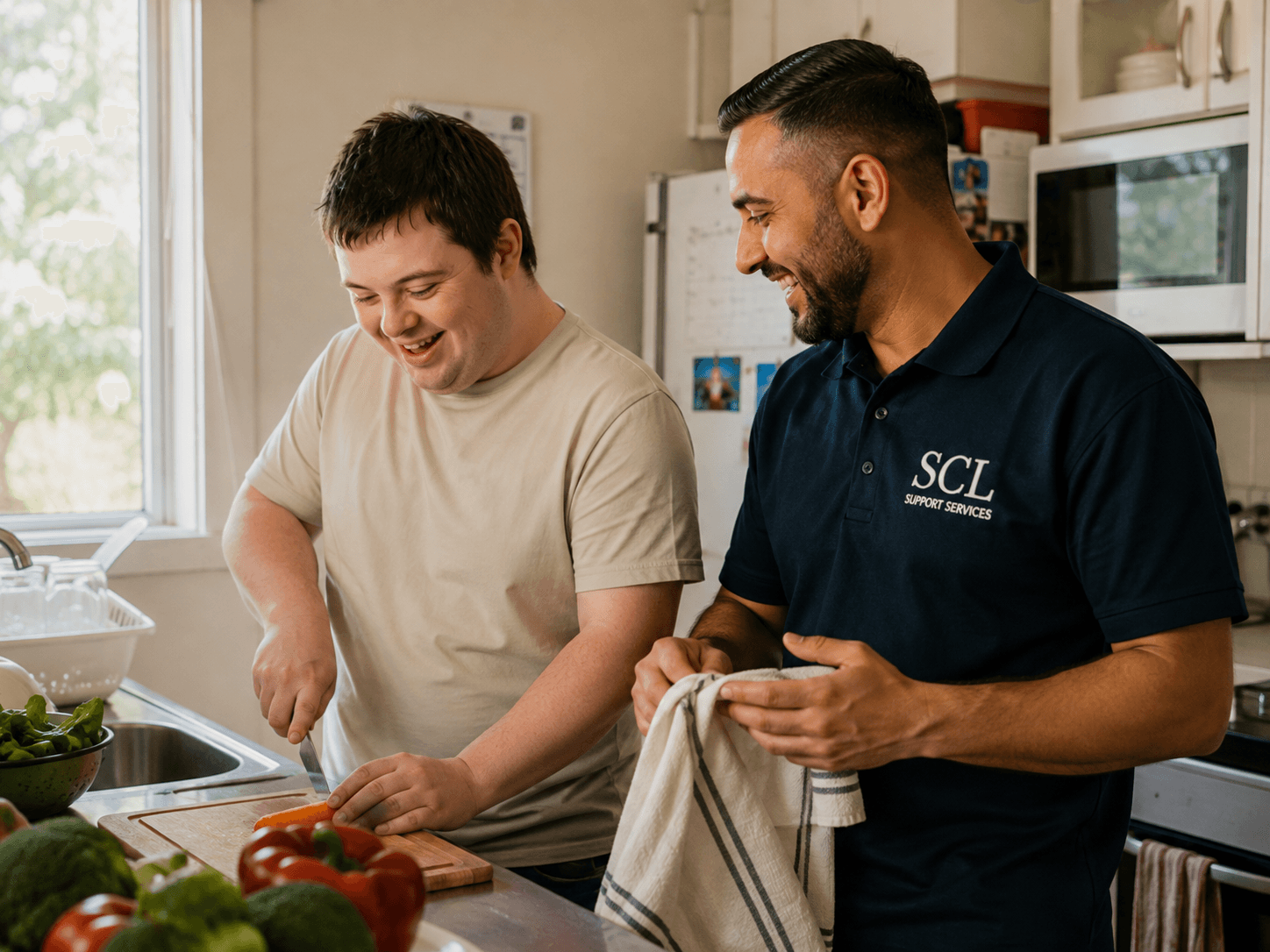 Participant and SCL support worker completing an everyday activity together at home.
